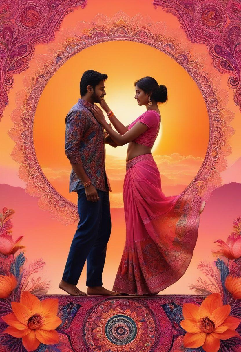 A vibrant and colorful collage showcasing the essence of sexual liberation in Indian adult films, featuring traditional Indian motifs blending with modern elements. Include silhouettes of diverse couples expressing joy and freedom in an abstract manner, surrounded by film reels and playful elements like peacock feathers and lotus flowers. The background should be a sunset gradient, symbolizing warmth and acceptance. vibrant colors. modern art.