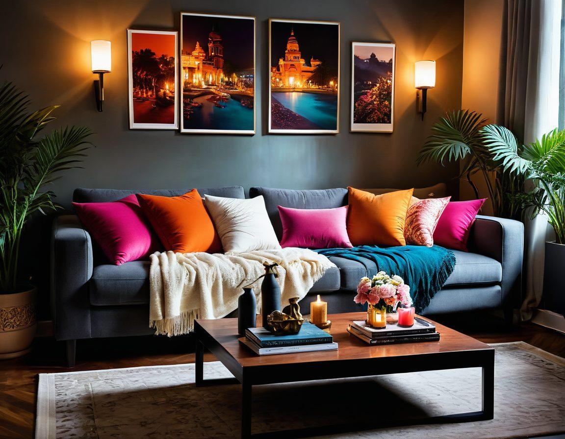 A serene and inviting living room setting, featuring a plush sofa adorned with colorful cushions, with soft candlelight flickering in the background. An array of Indian adult film posters subtly framed on the walls, showcasing artistic representations of joy and intimacy. A warm, inviting atmosphere with a hint of exotic plants and luxurious fabrics, suggesting a journey of sensual wellness and transformative pleasure. super-realistic. vibrant colors. cozy ambiance.