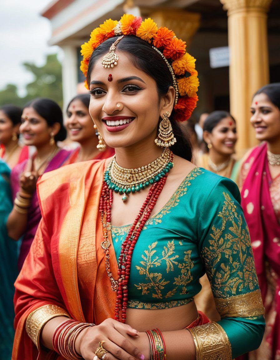 A vibrant celebration of sexual liberation with diverse South Asian individuals joyfully embracing their sexuality. Incorporate elements of traditional Desi culture, such as colorful textiles and cultural motifs, juxtaposed with modern expressions of sexuality. The backdrop should be a lively festival setting, symbolizing triumph and acceptance. Ensure a sense of empowerment and freedom in body language and expressions. super-realistic. vibrant colors. festival atmosphere.